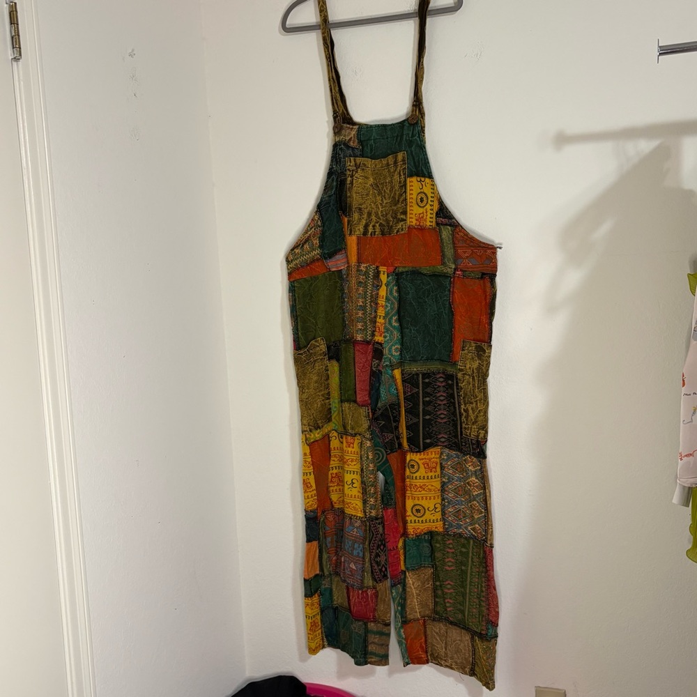 Boho Patchwork Wide Leg Jumpsuit Overalls 100% Cotton - Picture 15 of 16